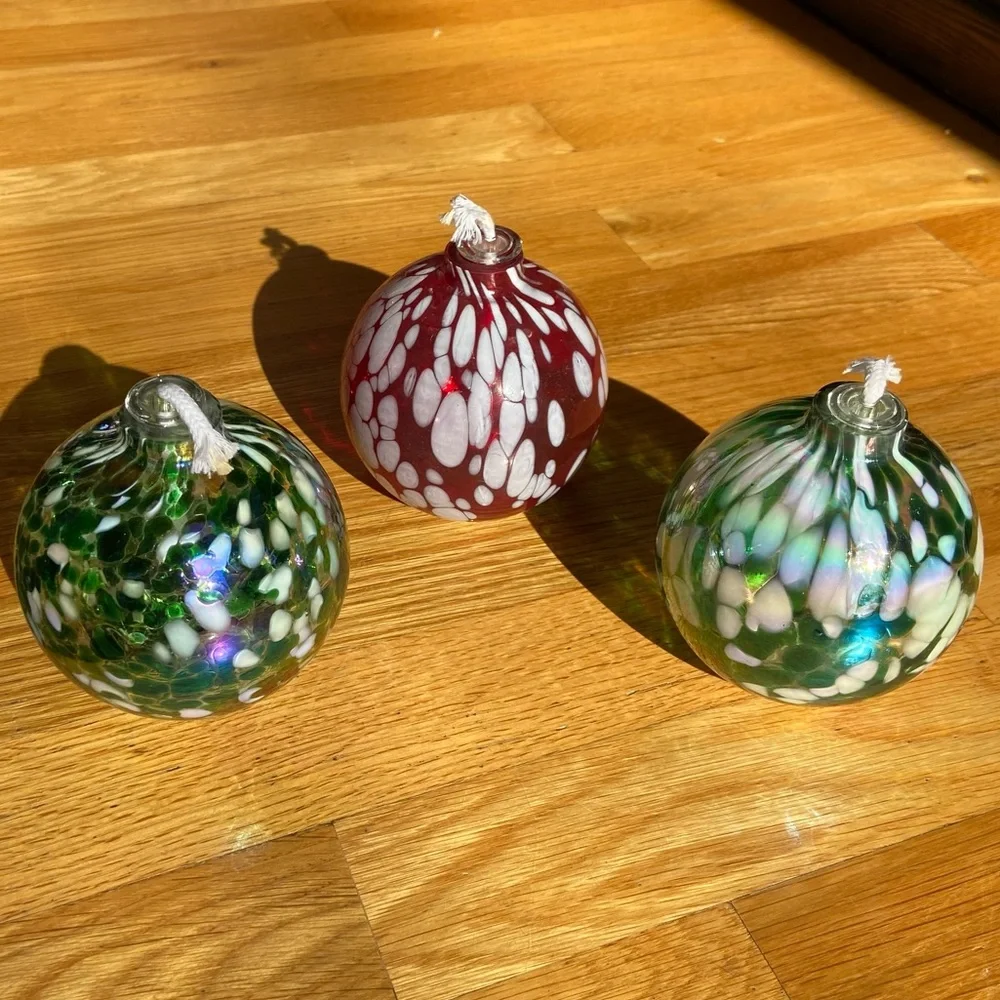 Pottery Barn Set 3 Artisan Oil Burning Glass Candles Red Green Flickering Glow